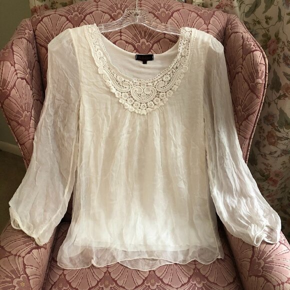 Carla Conti White Silk Blouse XS Fairycore Lace Flowy - Picture 5 of 8